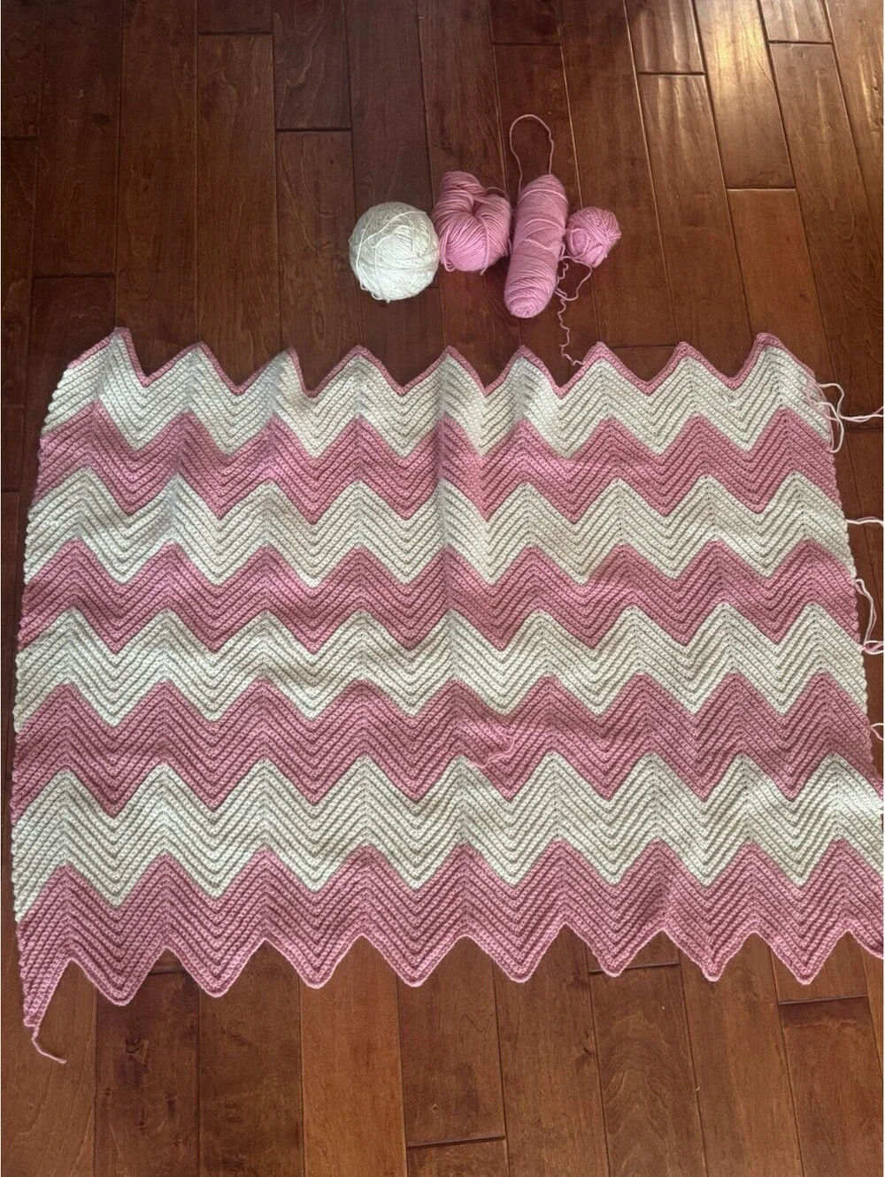 Vintage Handmade Crocheted Afghan Throw Blanket 36”x 48” Pink W/White